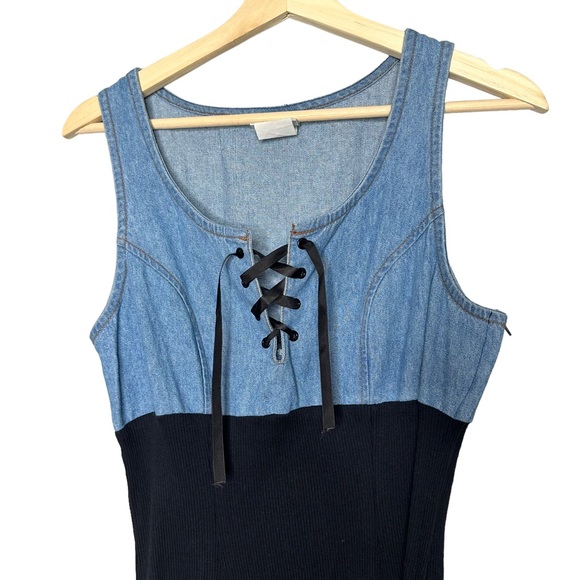 Vintage Jalate 90s Denim Ribbed Cotton Lace Up Dress - Picture 6 of 10